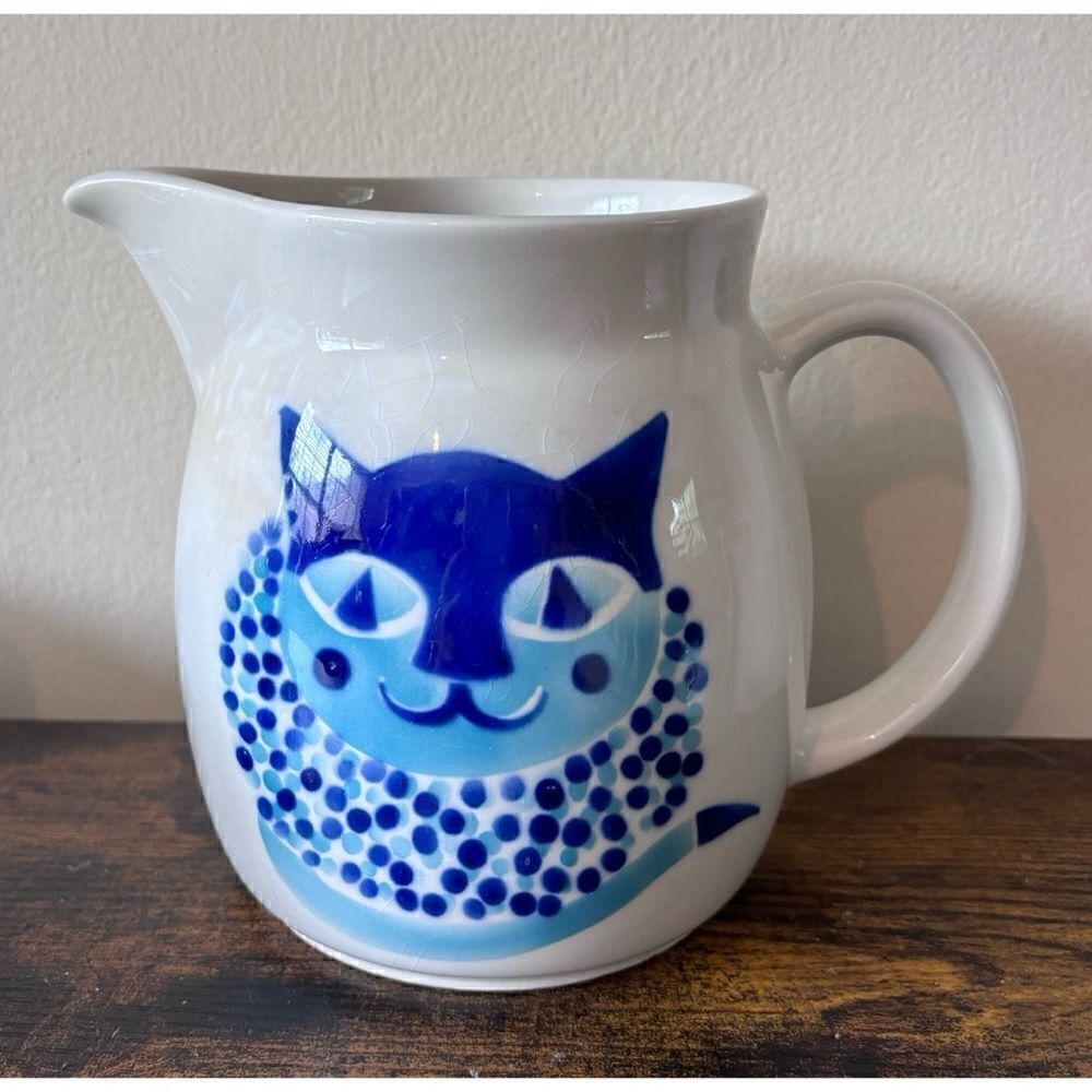 Vintage KAJ FRANCK ARABIA Finland Blue Cat Pottery Pitcher